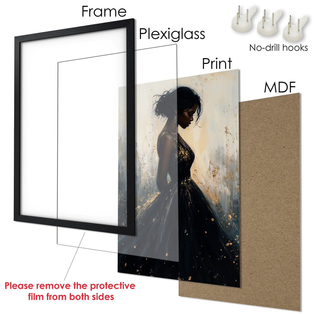 Framed Poster featuring an elegant woman in a black dress, abstract style, with a gold and neutral color palette. Perfect wall art!