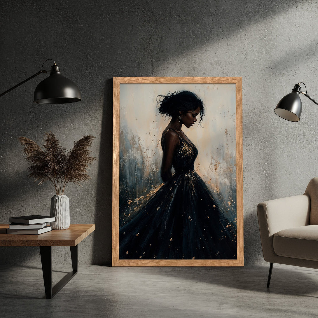 Framed Poster featuring a woman in a black dress, artistic style with gold accents, on a neutral color palette. Perfect wall art!