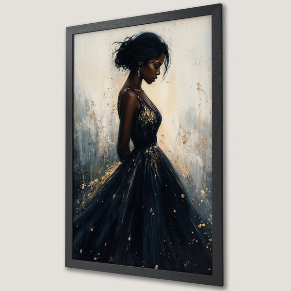 Framed Poster of elegant woman in black dress, gold accents, abstract style, neutral and dark color palette. Perfect wall art.
