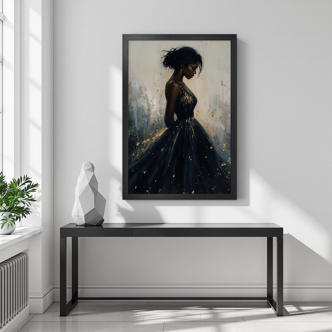 Framed Poster featuring a woman in a black dress, abstract style, with gold accents. Elegant wall art for your home.