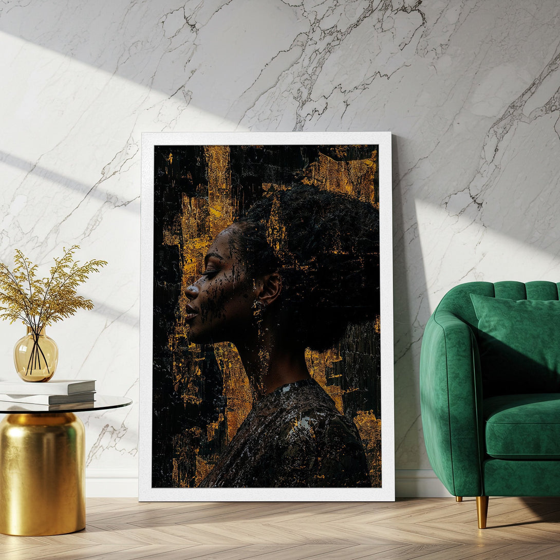 Framed Poster featuring a woman's portrait in a striking black and gold abstract style. Perfect wall art decor for any space!