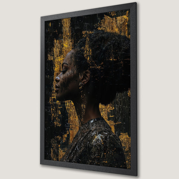 Framed Poster featuring an elegant Black woman in profile, abstract art style with gold and black color palette. Perfect wall decor.