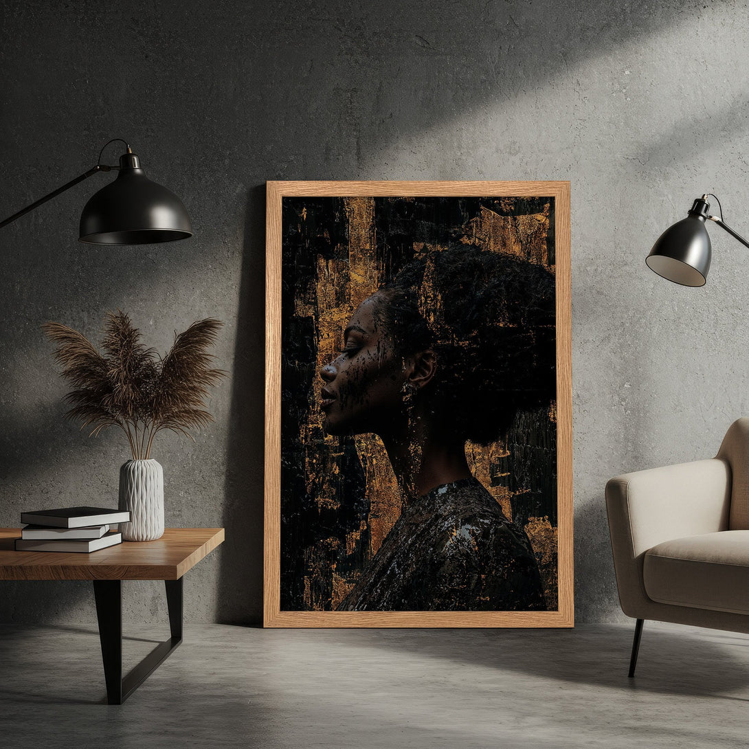 Framed Poster featuring an abstract portrait in black and gold tones. Modern art for your home.