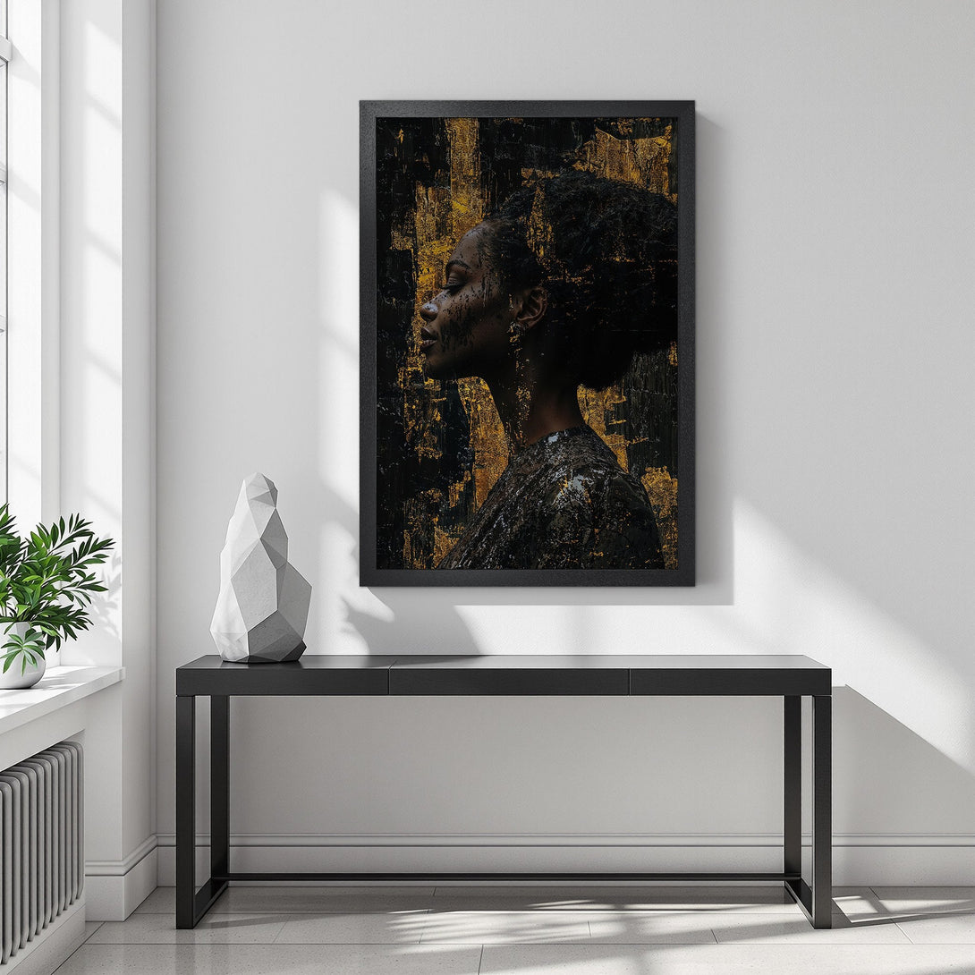 Framed Poster featuring a woman's profile in a modern, abstract style with a black and gold color palette. Perfect wall art!
