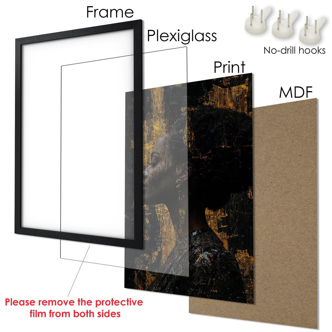 Framed Poster featuring an abstract portrait in black and gold tones. Modern art print ready to hang.