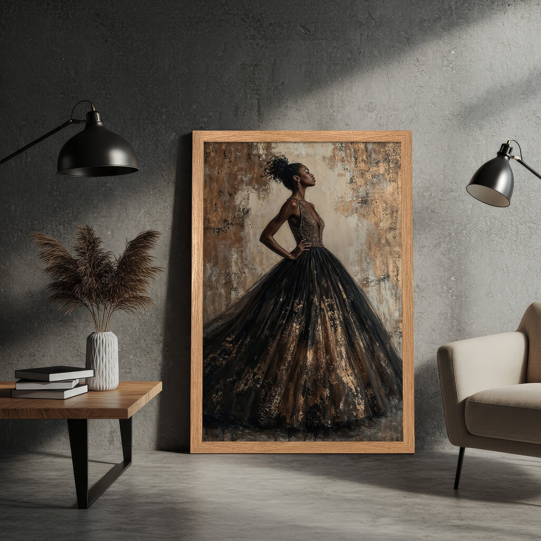Framed Poster featuring a woman in a black gown, artistic style, with gold and brown tones. Elevate your space with this stunning artwork!