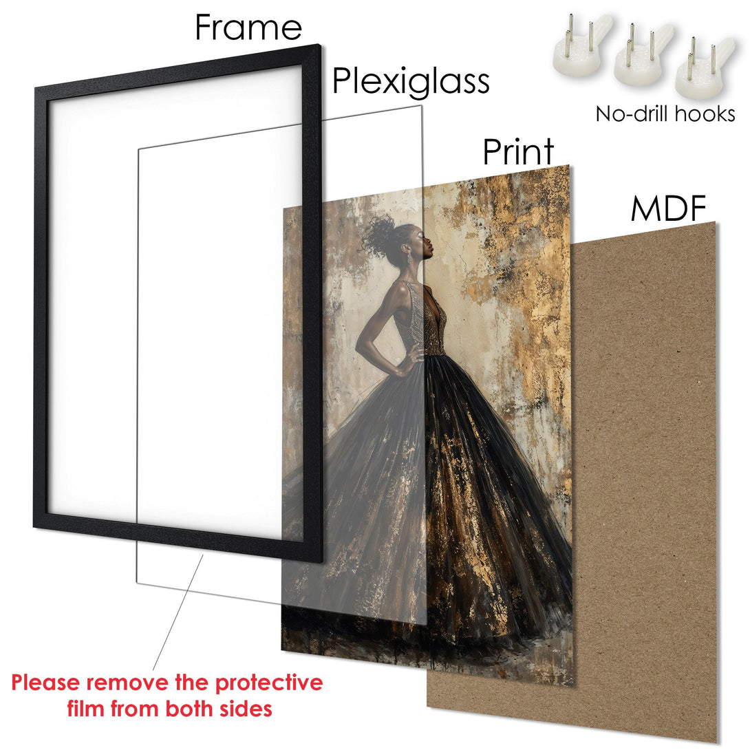 Framed Poster featuring a woman in a gown, artistic style, with a gold and black color palette. Perfect wall art for your home!