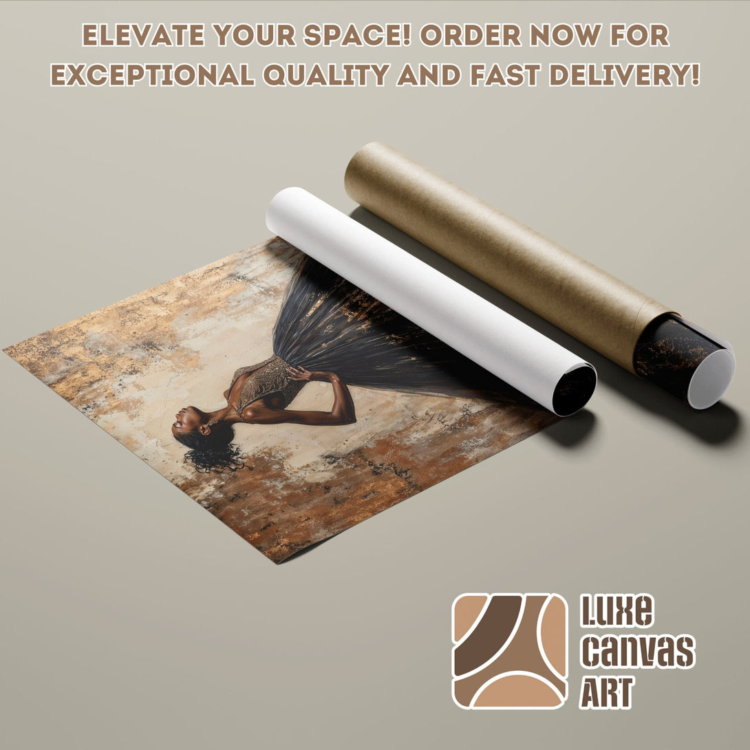 Abstract art poster roll featuring a woman in gold and black, warm neutral tones. Elevate your space!