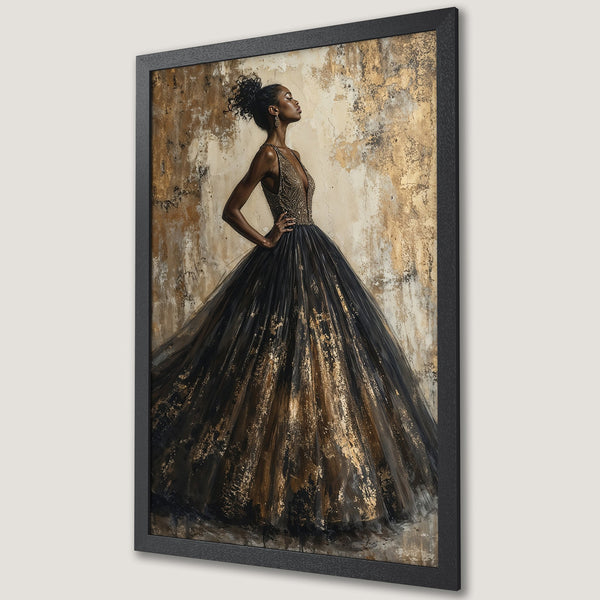 Framed Poster featuring a woman in a black and gold gown. Artistic style with a neutral, warm color palette, perfect for elegant decor.