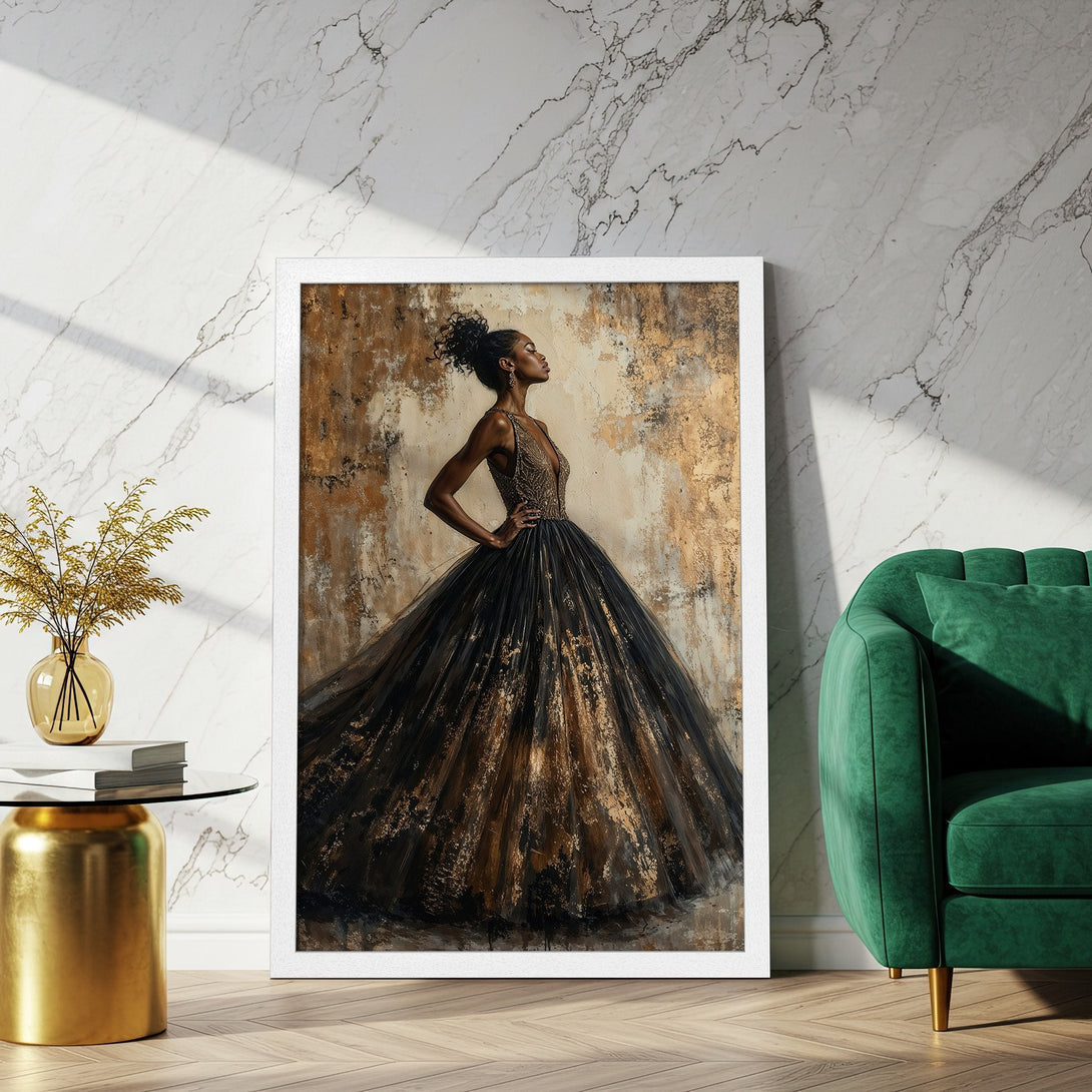 Framed Poster featuring a woman in a ballgown, artistic style. Gold, black, and neutral color palette. Elevate your space with this stunning art.