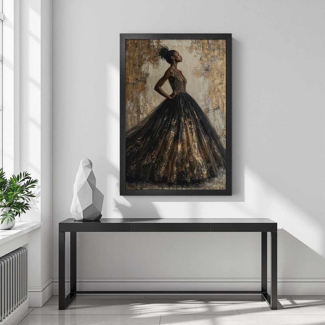 Framed Poster featuring a woman in a gown, elegant style, gold and black color palette, perfect wall art.