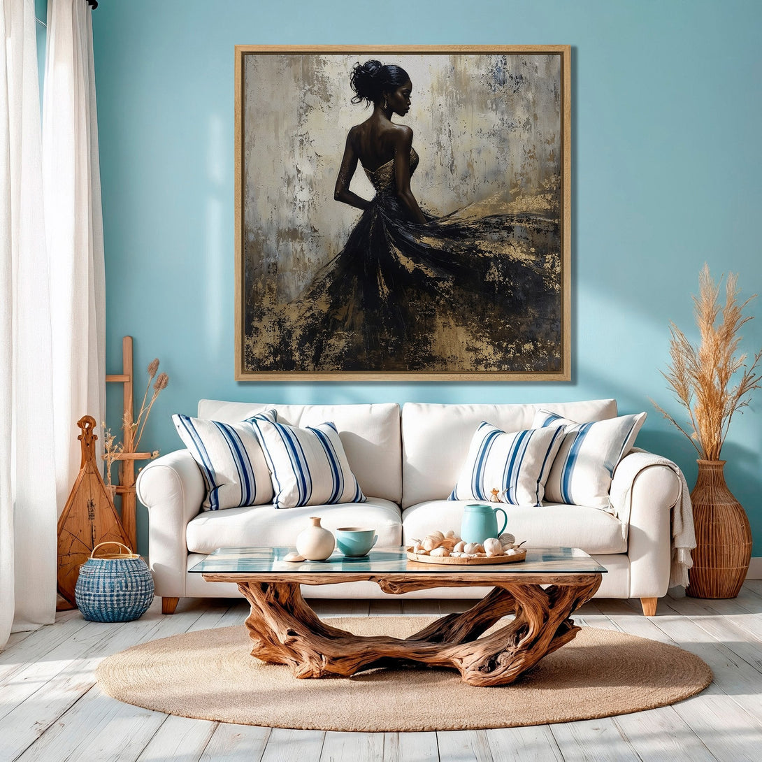 Framed Wall Art: Abstract black and gold canvas print of a woman in a flowing dress. Modern art with a neutral and blue color palette, perfect for home decor.