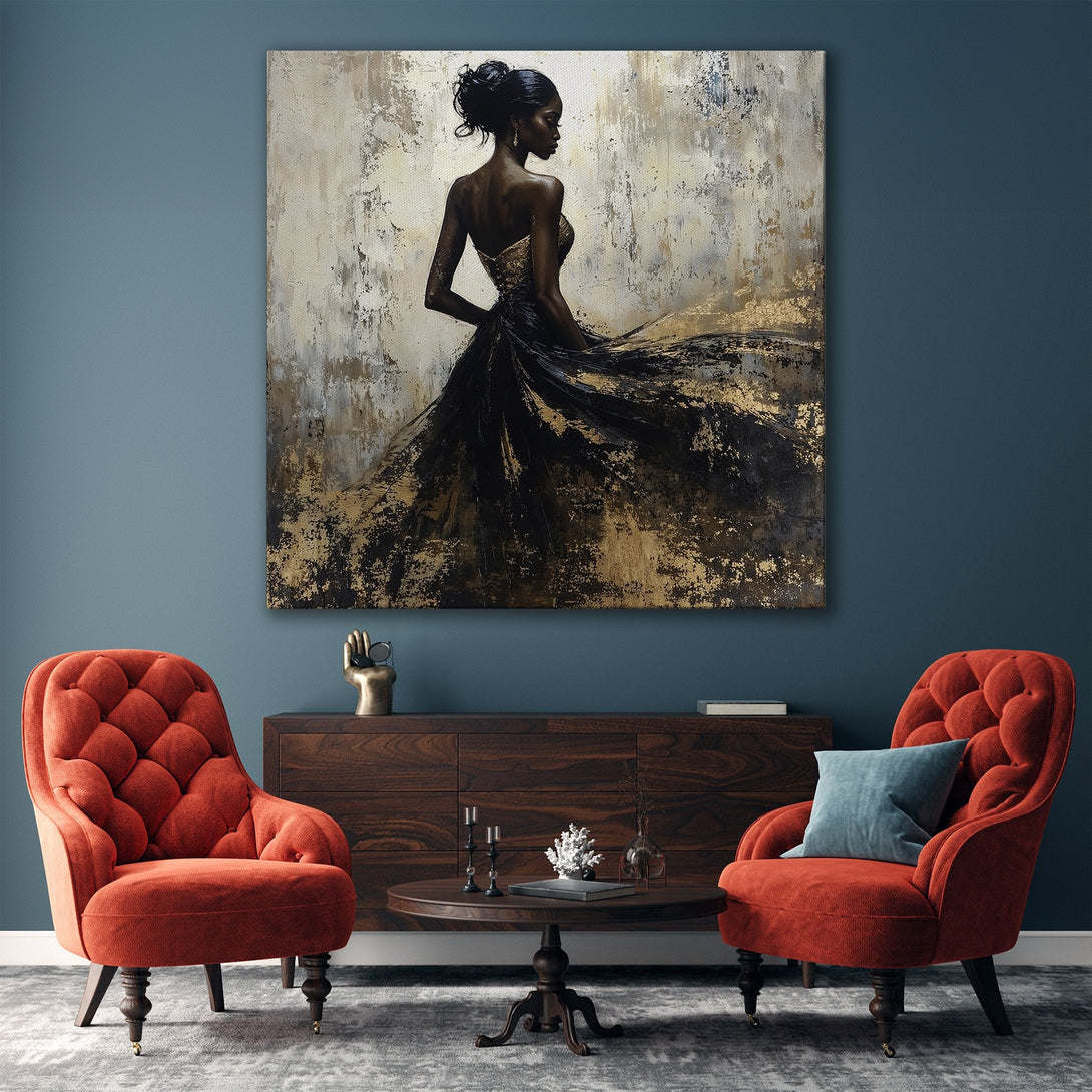 Framed Wall Art: Elegant woman in black and gold dress, abstract style, displayed in a modern interior. Adds sophistication to any space.