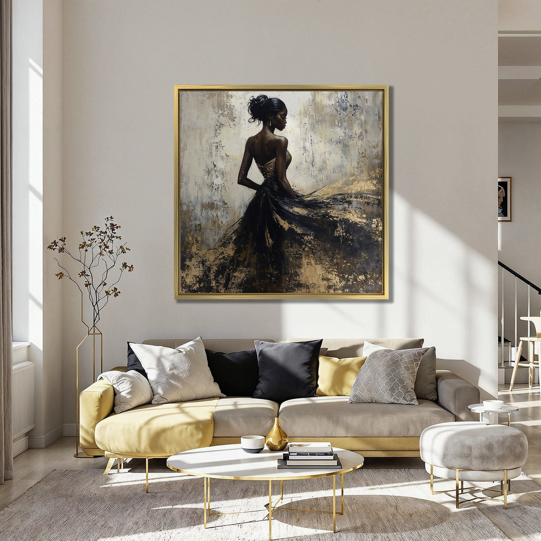 Canvas Print of elegant woman in black and gold dress, abstract style, displayed in a modern interior with teal and orange accents.