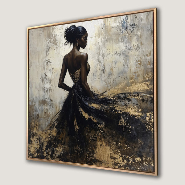 Framed Wall Art: Elegant woman in black and gold dress. Abstract art style with neutral, gold, and black color palette. Perfect for modern decor.