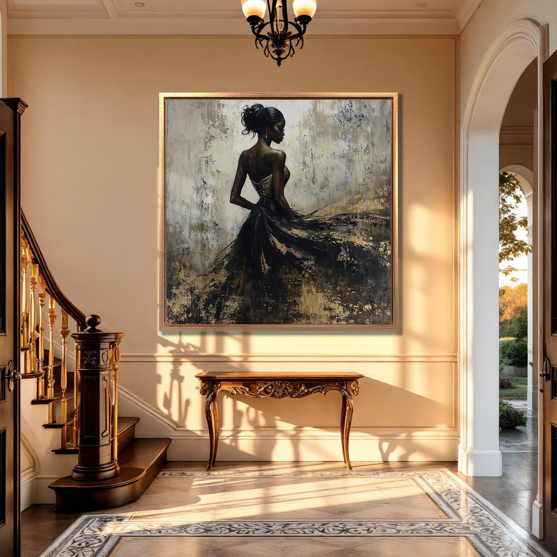 Framed Wall Art: Elegant woman canvas print in black & gold, displayed in a luxurious interior. Modern abstract art with a neutral color palette. Perfect home decor.