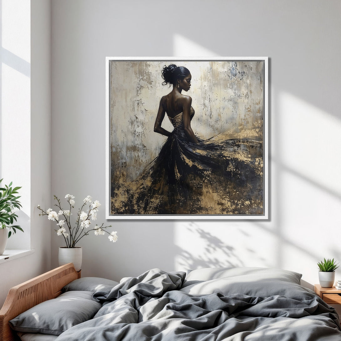 Framed Wall Art: Elegant woman in black and gold dress. Abstract style, neutral color palette. Perfect bedroom decor. Shop Canvas Prints today!