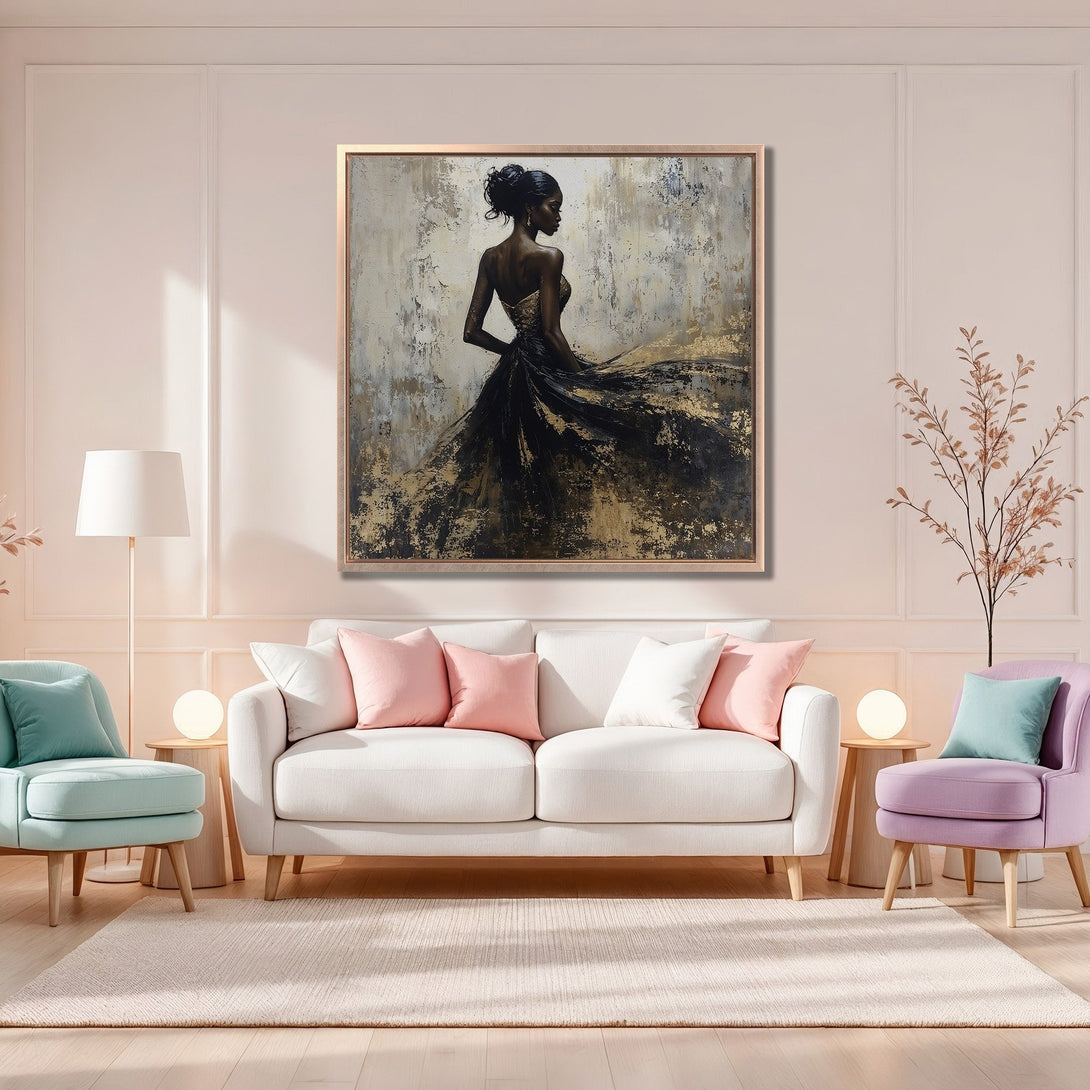 Framed Wall Art: Elegant woman in black and gold dress, abstract style, neutral color palette. Perfect for modern home decor.