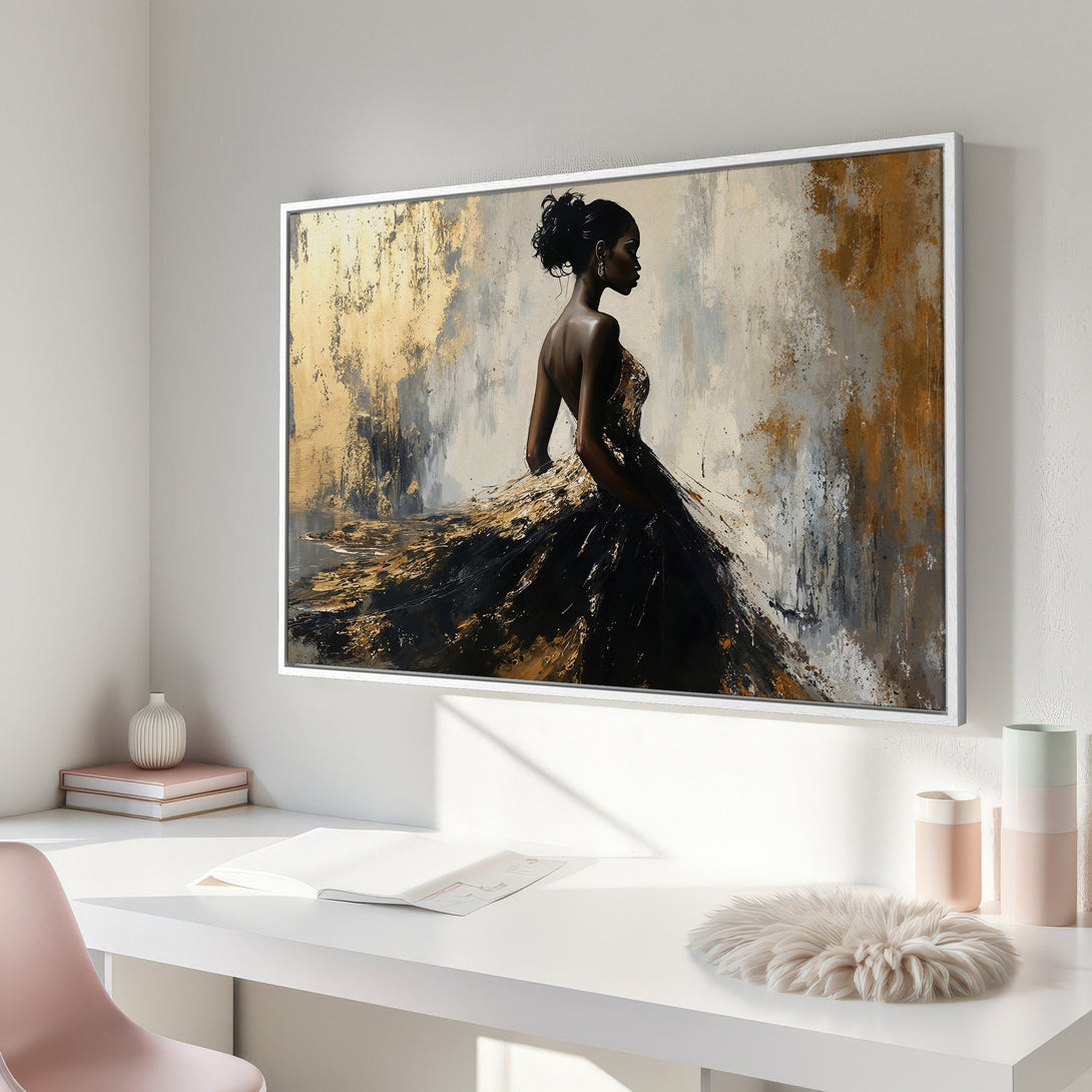 Framed Wall Art: Abstract painting of a woman in a gown, gold and black tones. Modern art for home decor.