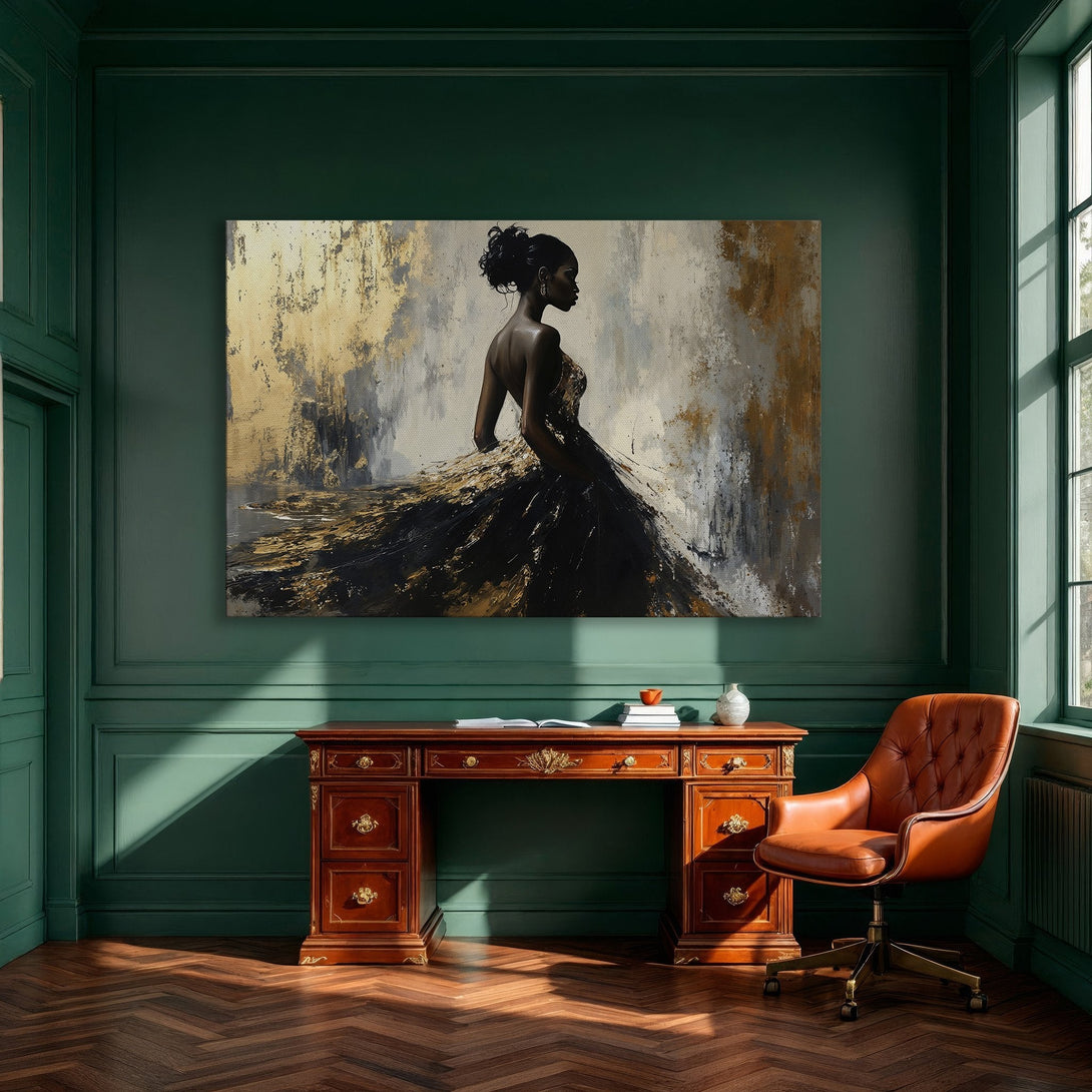 Framed Wall Art featuring an elegant woman in a gown, abstract style, gold and black color palette, perfect for dining room decor.