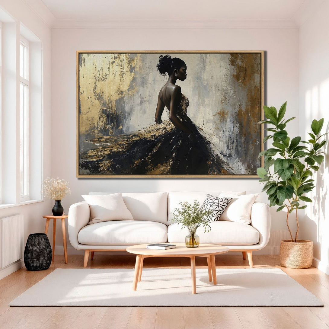 Framed Wall Art featuring an elegant woman in a flowing gown, abstract style, gold, black, and gray palette. Elevate your space with this stunning artwork!