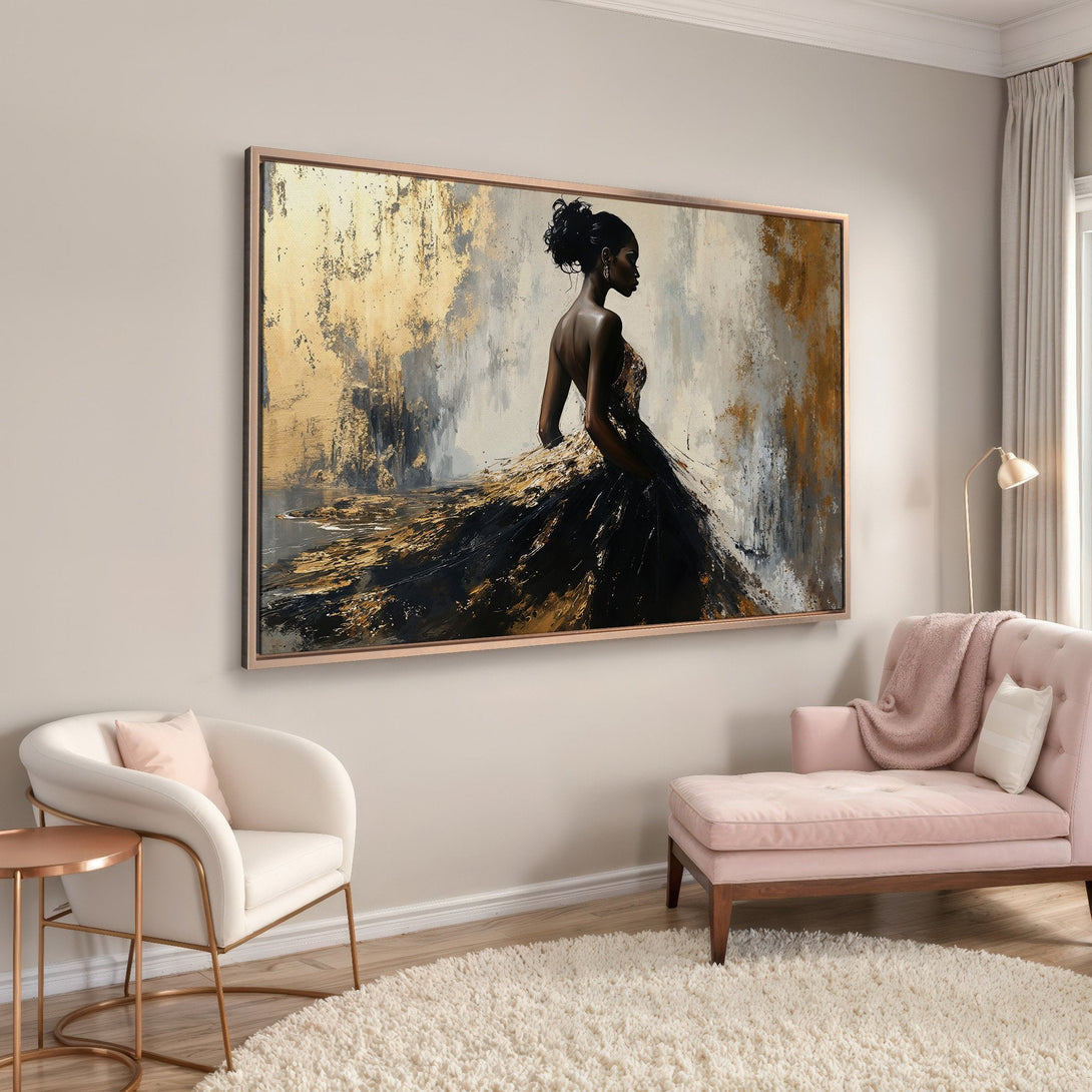Framed Wall Art: Elegant abstract painting of a woman in a black and gold dress. Modern style with a neutral and gold color palette. Perfect for home decor.