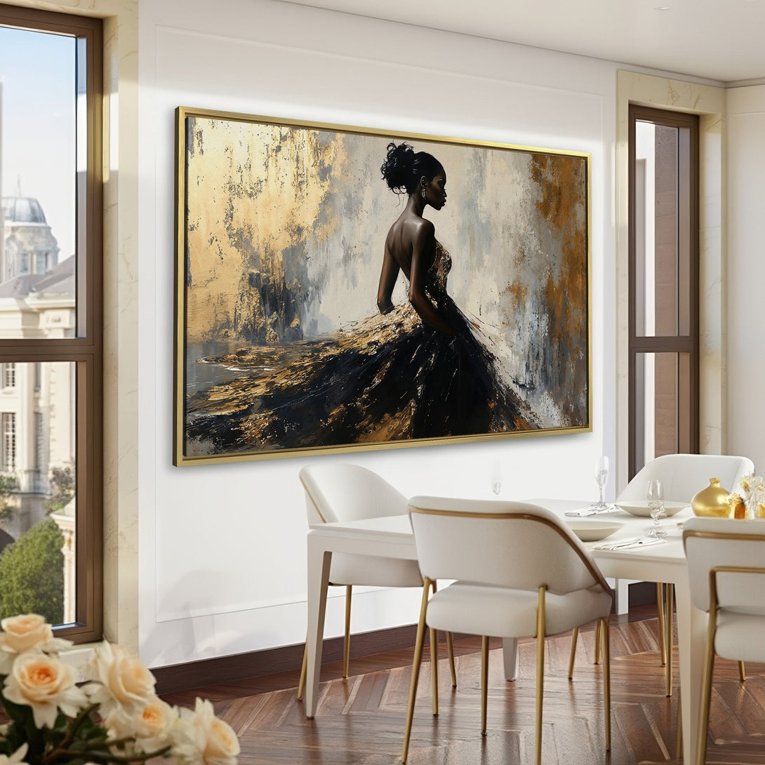 Canvas Print of a woman in a gown, abstract art style, gold, black, and gray palette. Elegant wall decor for your home.