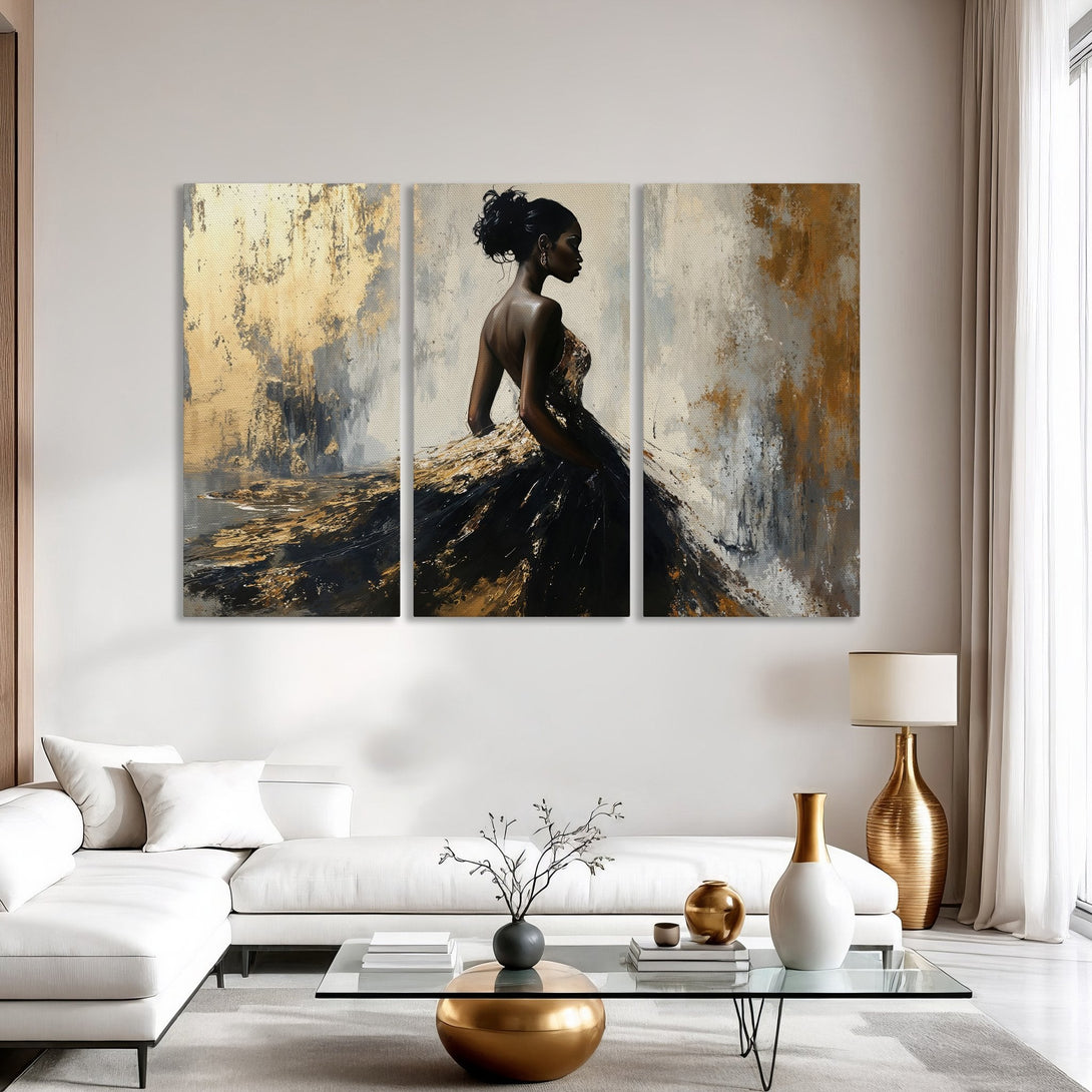 Abstract Canvas Print of a woman in a gown, gold and black tones. Modern wall art for elegant home decor.