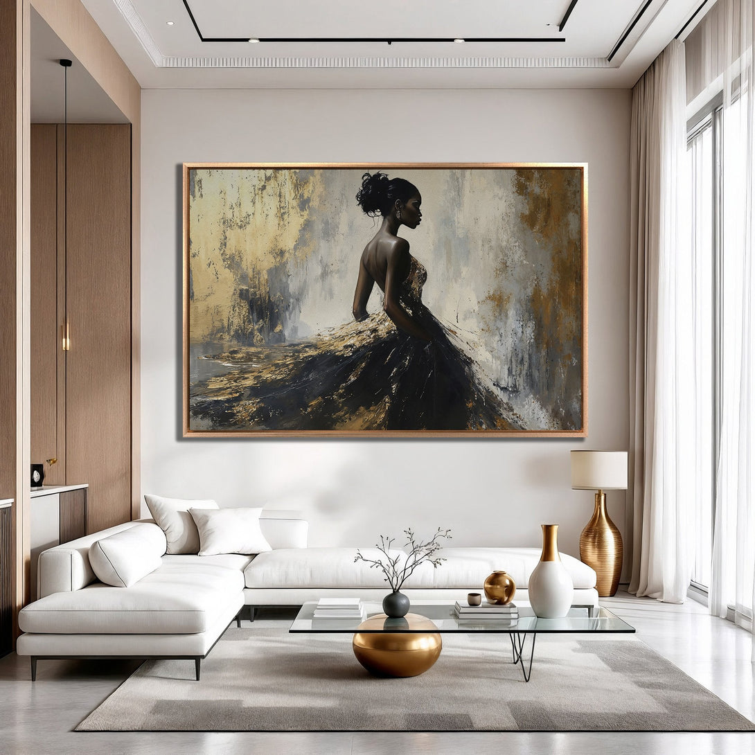 Framed Wall Art featuring an elegant woman in a black dress. Abstract art style with a gold, black, and neutral color palette, perfect for modern interiors.