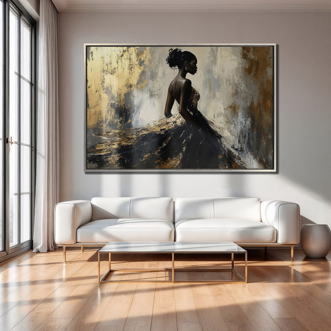 Framed Wall Art: Abstract woman in gold and black dress, displayed in modern interior. Elegant canvas print with neutral color palette.