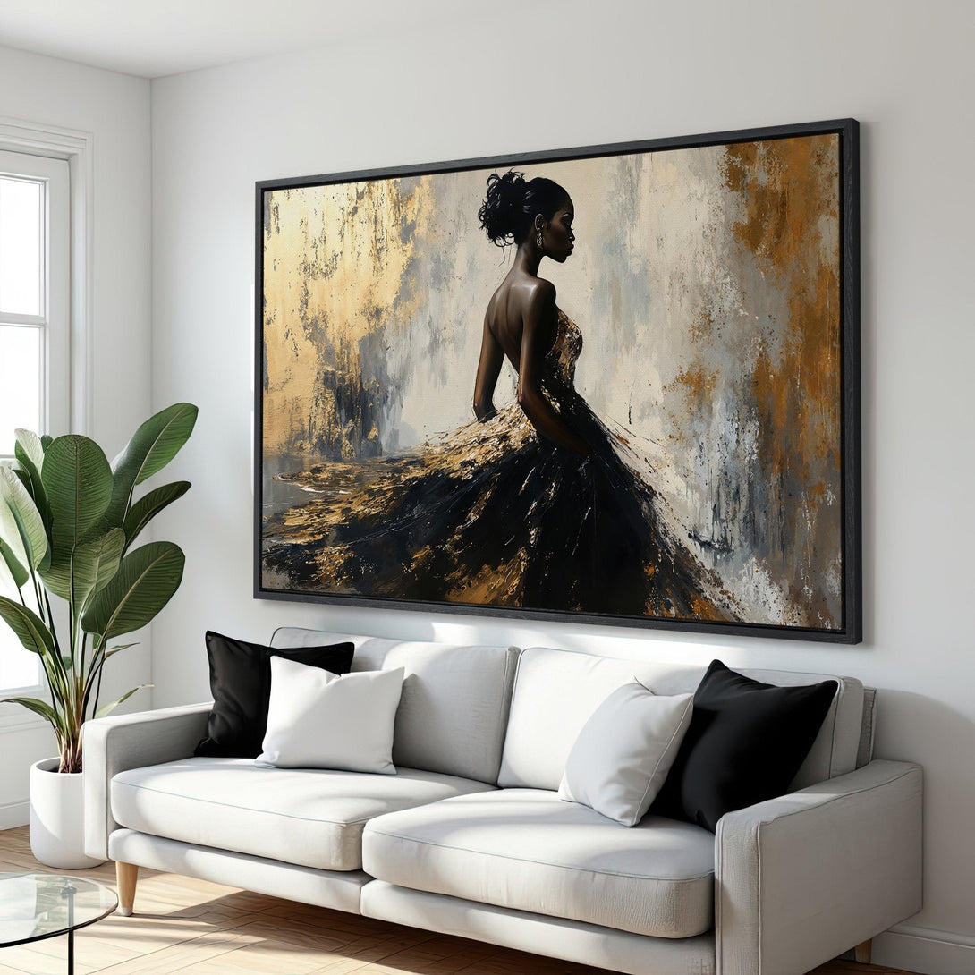 Framed Wall Art: Abstract portrait of a woman in gold and black gown. Modern art canvas print with gold, grey, and black color palette.