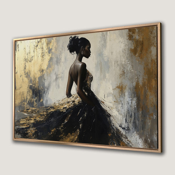 Framed Wall Art: Elegant woman in gold and black dress, abstract painting style, neutral color palette with gold accents. Add a touch of luxury to your space!