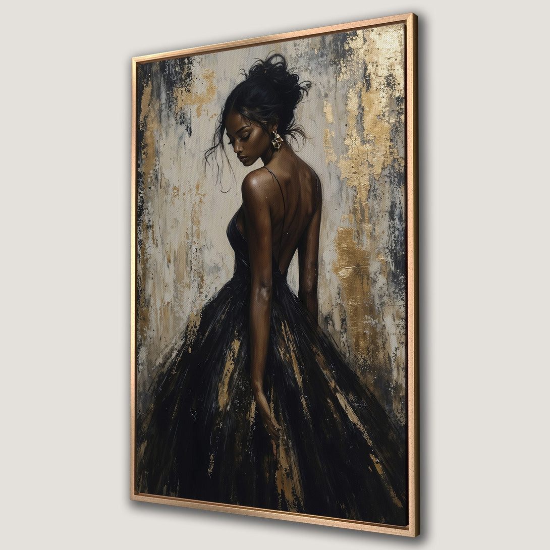 Framed Wall Art of elegant woman in black dress, abstract style with gold and neutral tones. Perfect for modern home decor.