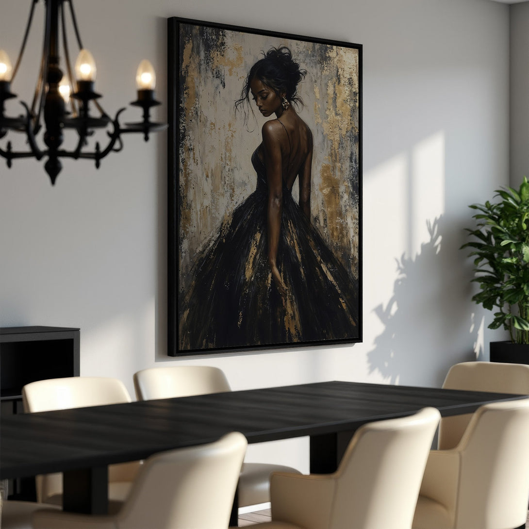 Framed Wall Art: Elegant woman in a black dress, gold and neutral tones. Perfect for dining rooms. Elevate your space with this stunning canvas print.