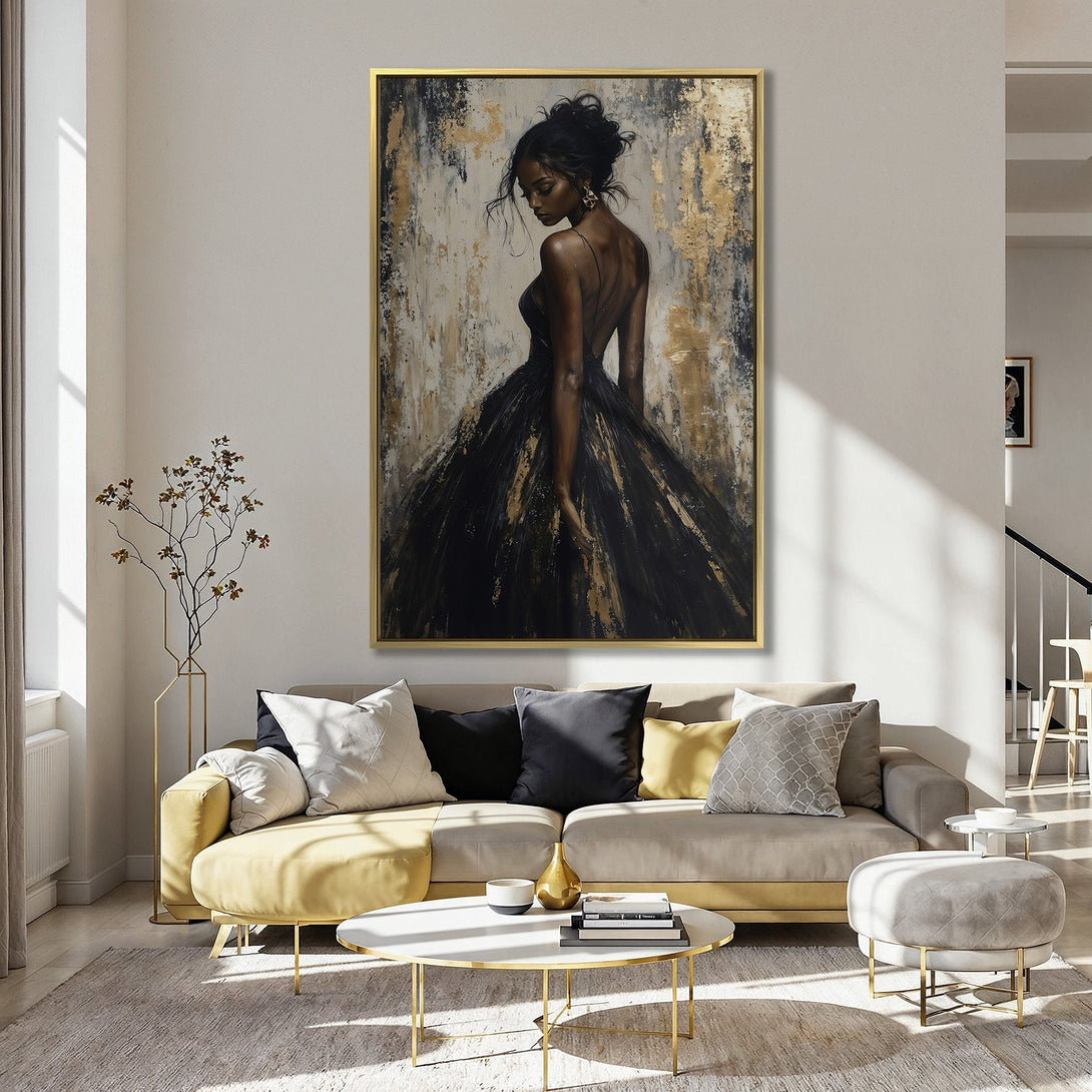 Canvas Print of elegant woman in black dress, abstract style, gold & black palette, perfect for home decor.