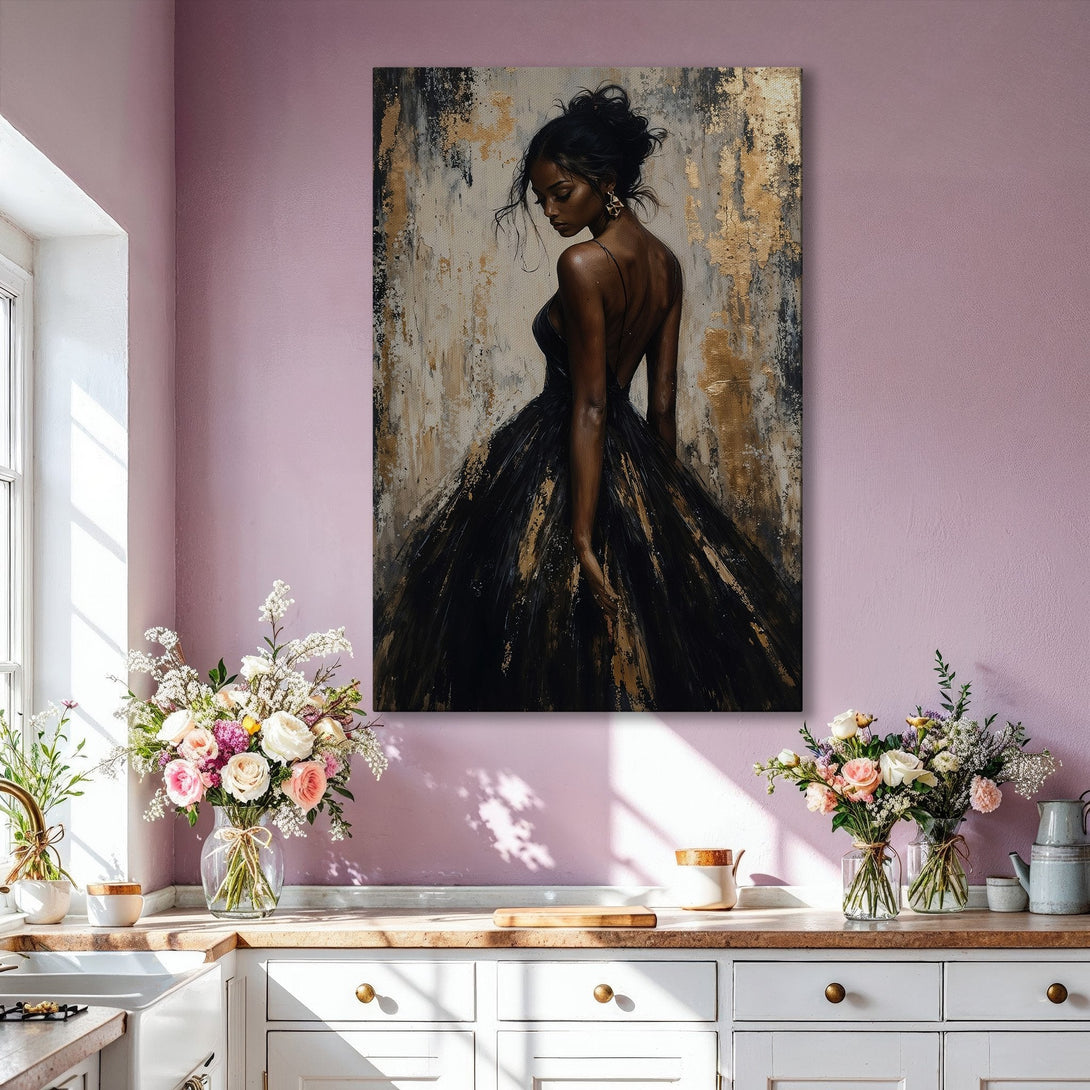 Framed Wall Art: Elegant woman in black dress, abstract gold and black painting. Modern art decor for living room. Neutral color palette.