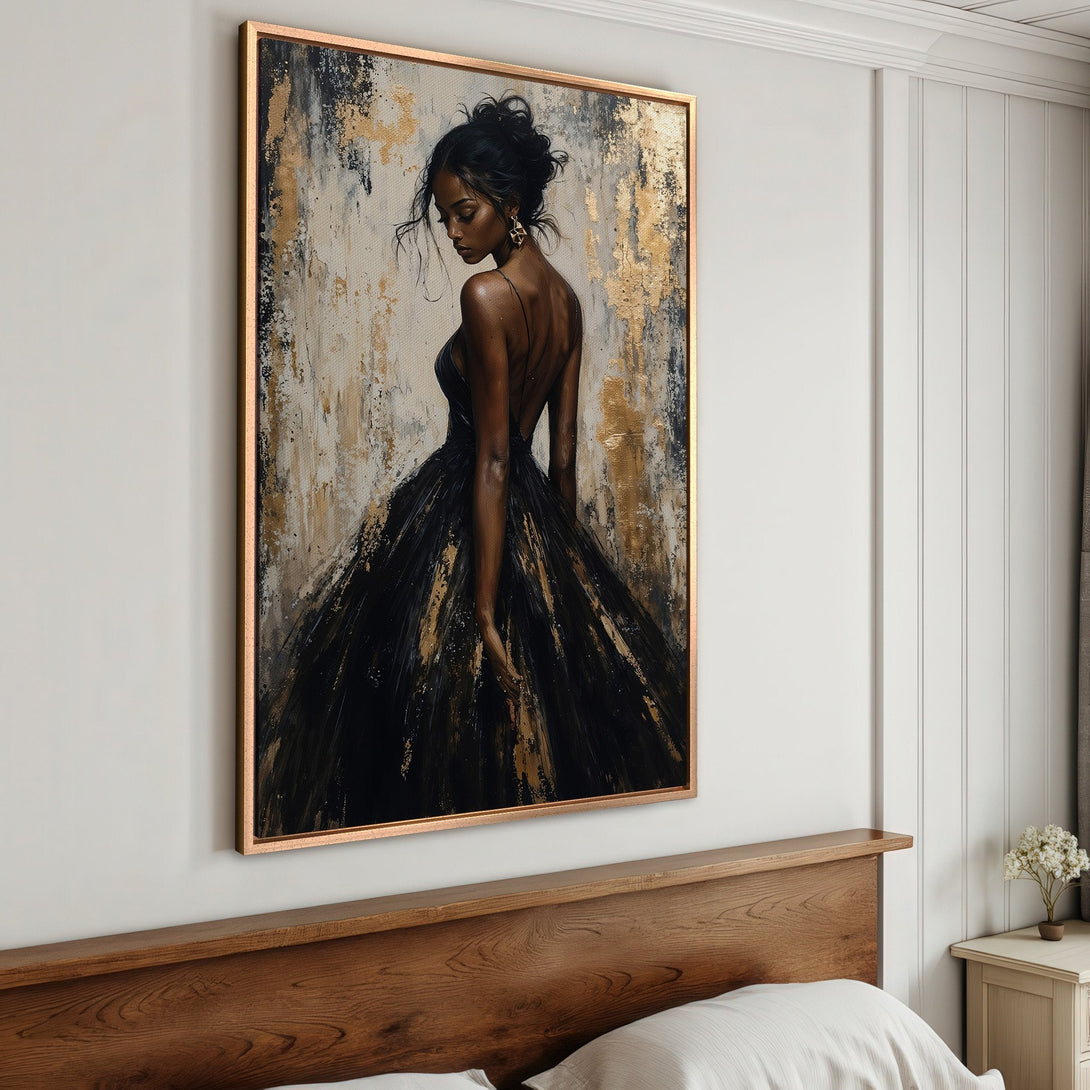 Framed Wall Art: Elegant woman in black dress, abstract style, gold and black palette. Perfect bedroom decor. Shop now for stunning canvas prints!