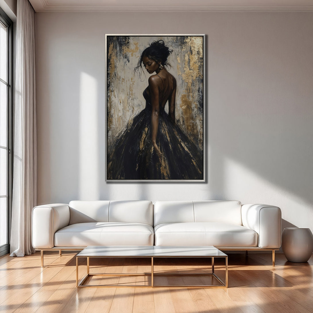 Framed Wall Art featuring a woman in a black gown. Abstract style with gold and neutral tones. Perfect for elegant home decor.