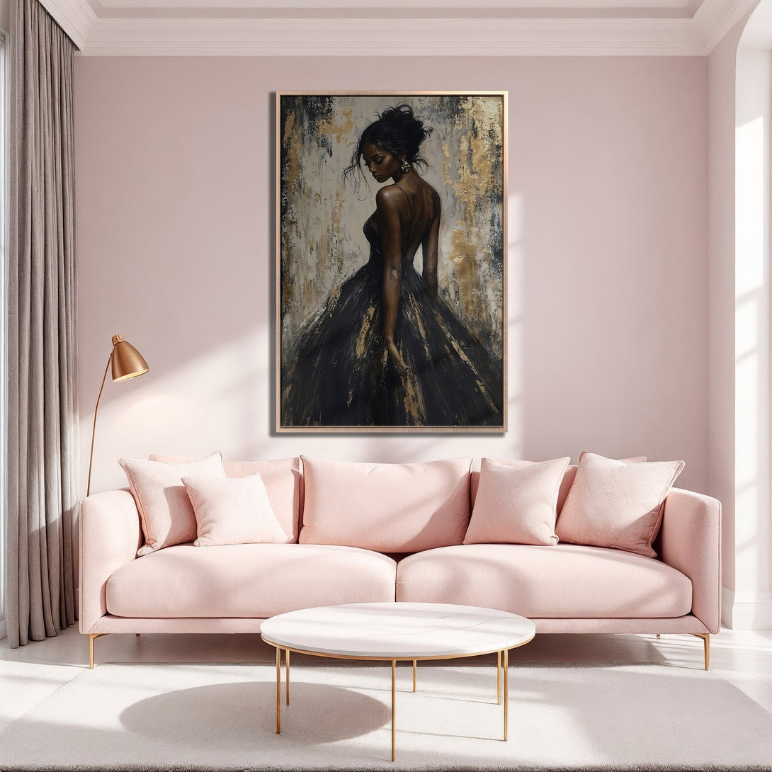 Framed Wall Art: Elegant woman in black dress, gold and neutral abstract background. Modern Canvas Print in a blush pink living room.