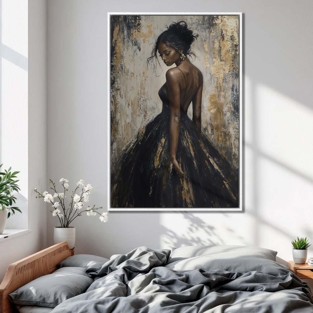 Framed Wall Art: Elegant woman in black dress, abstract style with gold and neutral tones. Perfect for bedroom decor.