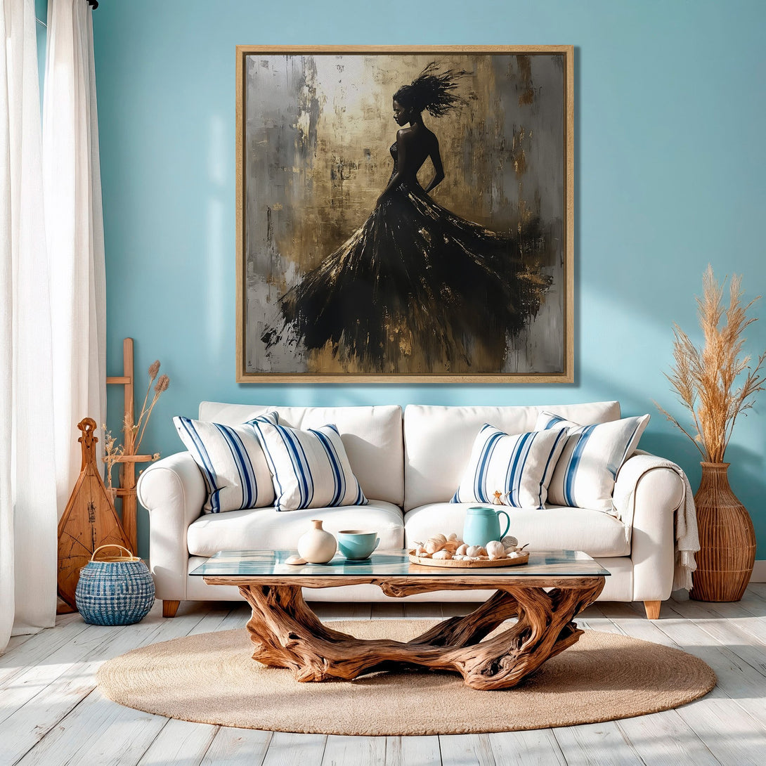 Framed Wall Art: Abstract woman in black dress, gold and gray tones. Modern art canvas print for living room decor. Coastal style interior design.