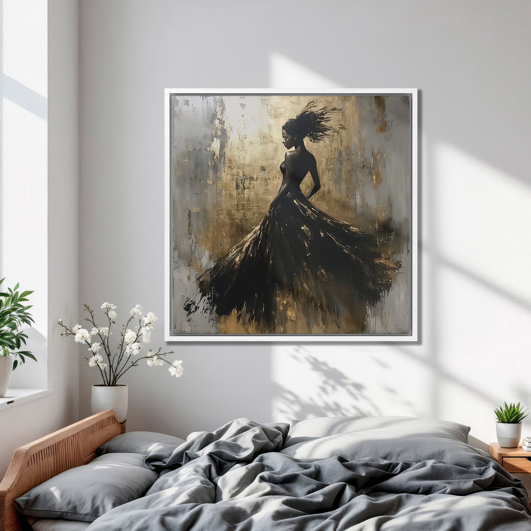 Framed Wall Art featuring a woman in a flowing black dress, abstract style, with a gold, gray, and black color palette, perfect for bedroom decor.