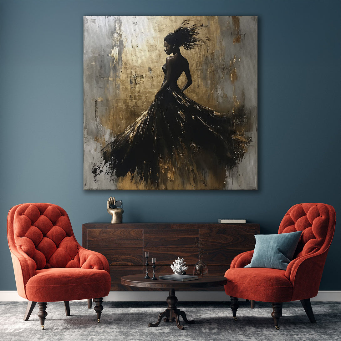 Framed Wall Art: Abstract painting of a woman in a flowing black dress. Gold, gray, and black color palette. Perfect for modern home decor.