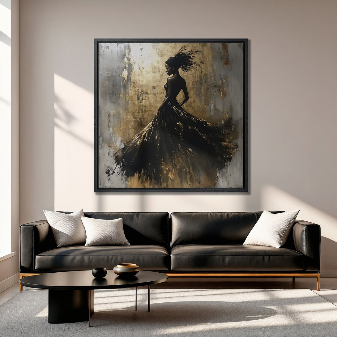 Framed Wall Art featuring an abstract black dress figure in a gold and gray palette, perfect for modern home decor.