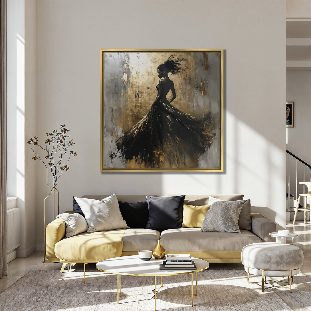 Canvas Print of elegant woman in black dress, abstract gold and gray art, modern home decor, teal and orange color palette.
