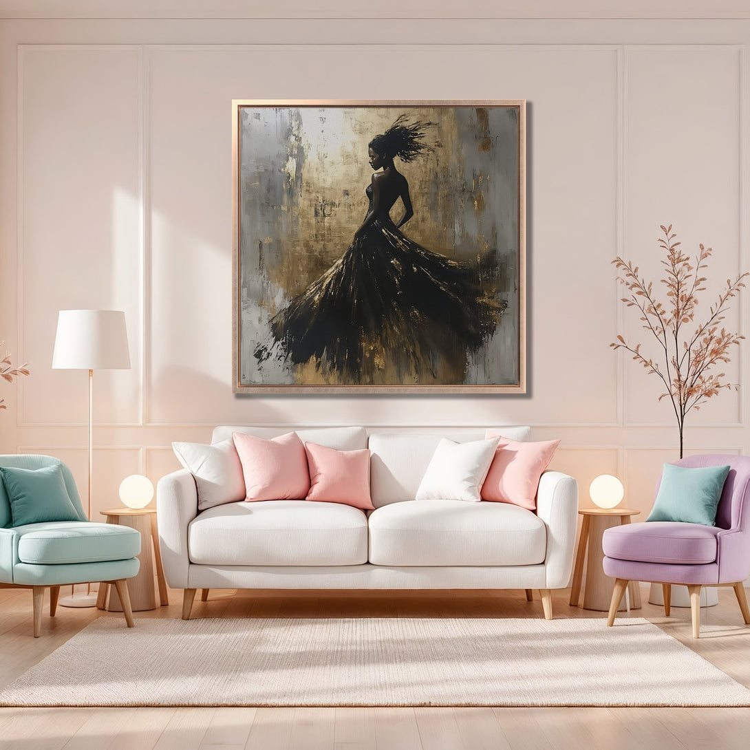 Framed Wall Art featuring a woman in a flowing black dress, abstract style, gold, gray, and black palette. Perfect for modern home decor.