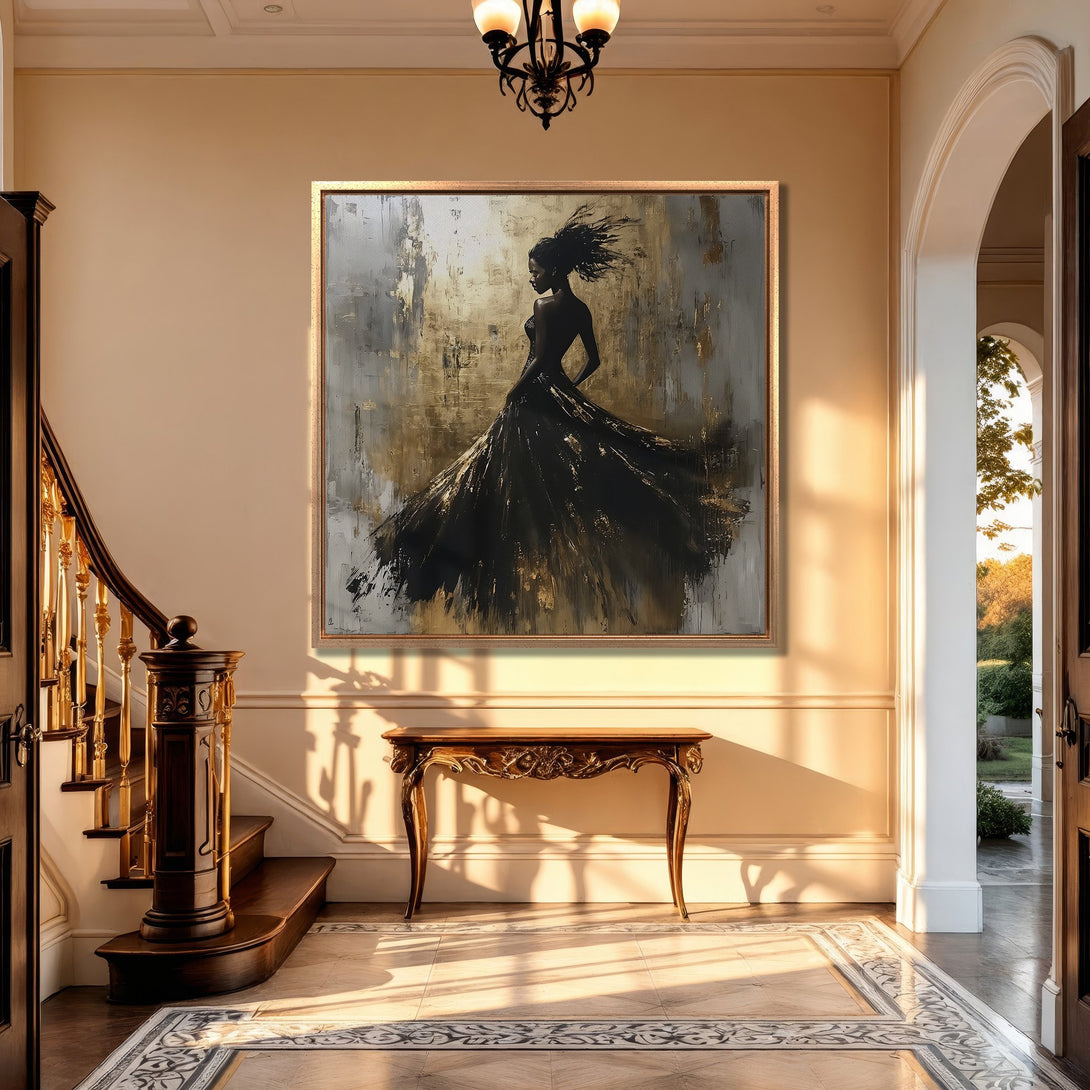 Framed Wall Art of a woman in a black dress, abstract style, gold and gray palette, displayed in a luxurious interior.