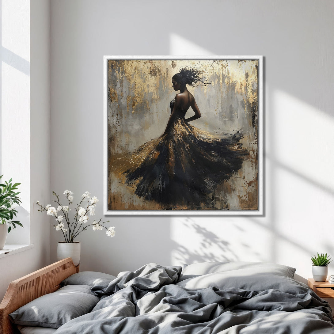 Framed Wall Art: Elegant woman in black & gold abstract painting. Modern decor with neutral tones. Perfect bedroom art.