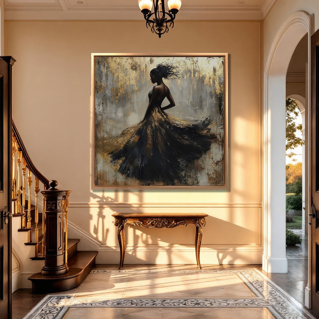 Framed Wall Art: Elegant woman in black and gold abstract painting. Perfect for luxury home decor. Modern style with a neutral color palette.