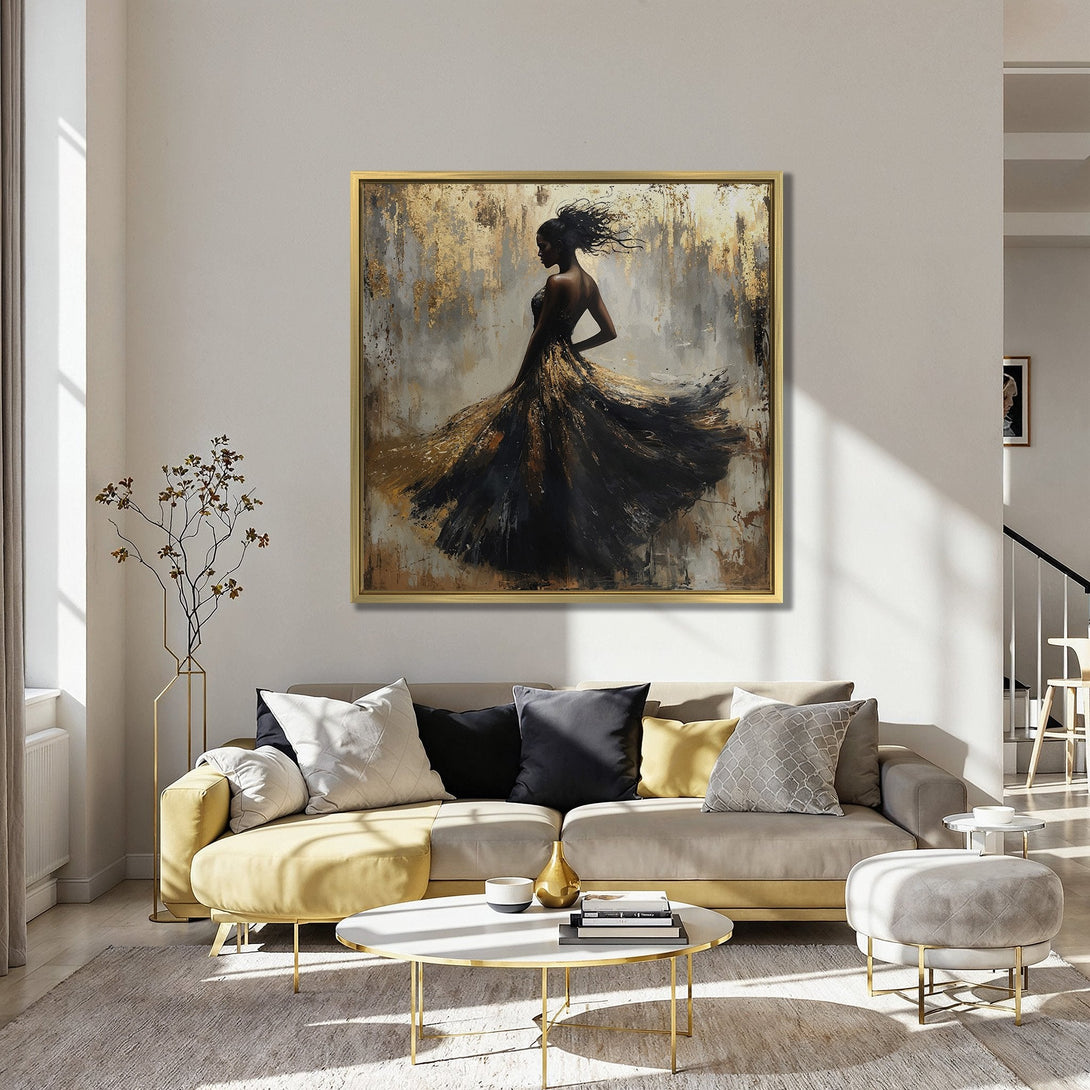 Canvas Print of a woman in a flowing gown, abstract style with gold and black tones. Adds elegance to any space. Perfect wall art!